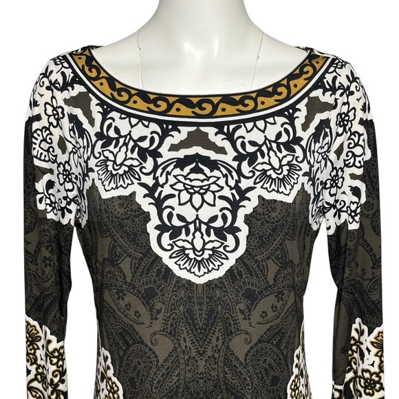 Hale Bob Sheath Dress Long Sleeve Boho Floral Brown Gold Boat Neck Size Medium - Picture 2 of 8